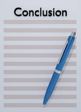 Conclusio başlıklı soluk mavi bir kağıt üzerindeki bir kalemin 3B çizimi