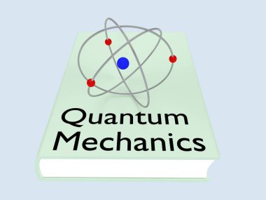 Kuantum Mekaniği başlıklı bir kitaptaki bir atomun soluk mavi arka grond üzerinde izole edilmiş üç boyutlu çizimi.