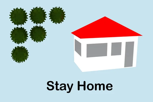 Illustration Ett Hus Och Symboliska Koronapartiklar Med Texten Stay Home — Stockfoto