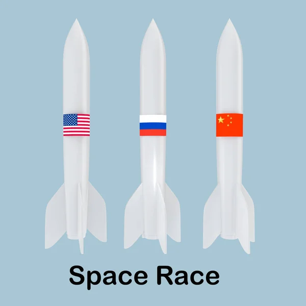 Illustration Amerikanischer Russischer Und Chinesischer Flaggen Auf Drei Weltraumraketen — Stockfoto