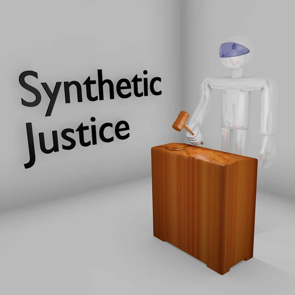 Illustration Humanoid Robot Holding Judge Gavel Front Empty Hall Text — Stock Photo, Image