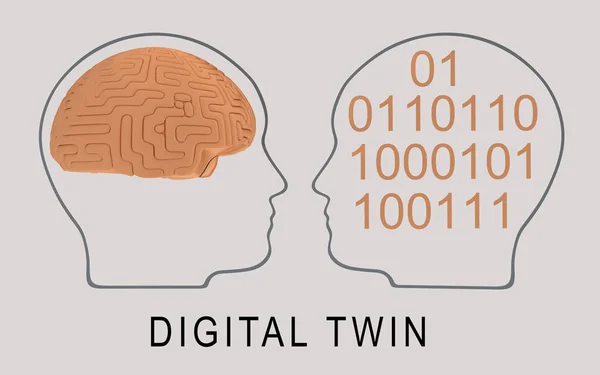 3D illustration of two partially overlapping head silhouettes with the text DIGITAL TWIN, isolated over pale gray background