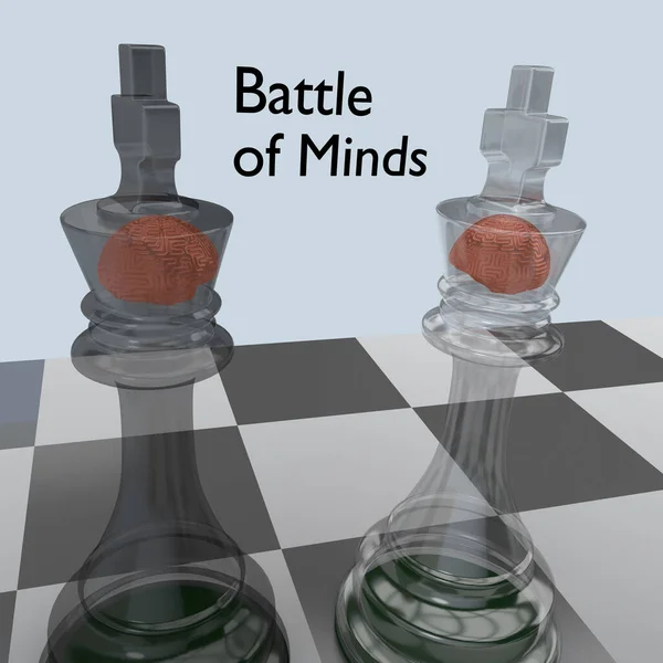 Illustration Translucent Chess Kings Chessboard Containing Symbolical Human Brains Titled — стоковое фото