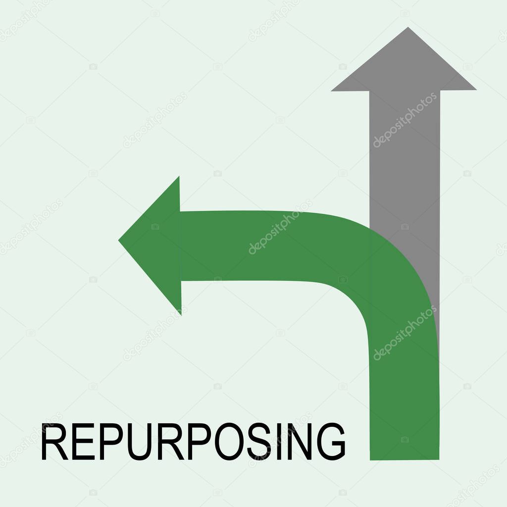 3D illustration of a gray straight arrow pointing upword and a green curved arrow, along with the script REPURPOSING - isolated on palr green.