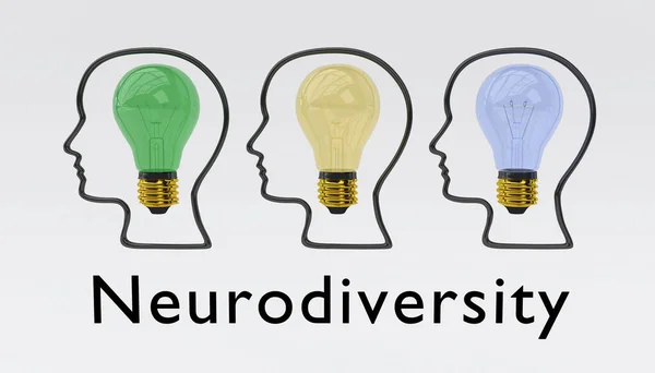 Illustration Three Light Bulbs Three Head Silhouettes Allong Script Neurodiversity — Foto Stock