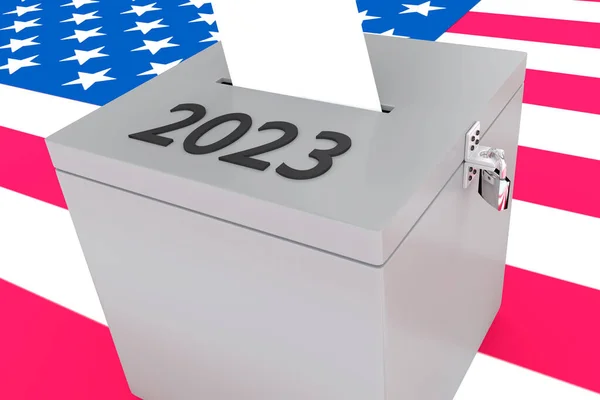 Ilustrace Skriptu Roku 2023 Volební Urně Izolovaný Nad Americkou Vlajkou — Stock fotografie