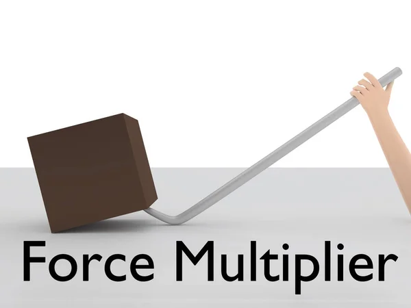 Illustration of the title Force Multiplier under a hand lifting a heavy green bar using a metal rod, isolated over white