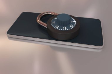 Siber saldırıdan korunmak için çevirmeli kilidi olan mobil bir aygıtın 3D görüntülemesi