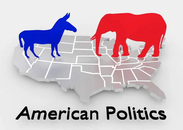 象徴的なロバと象と共にアメリカのエンボス加工の3Dイラスト アメリカの政治としてタイトル — ストック写真