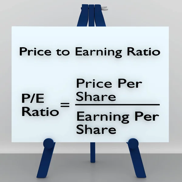 1株当たりの価格と1株当たり利益との関係を表す数学式の上の価格と収益率の3Dイラストを三脚で表示 — ストック写真