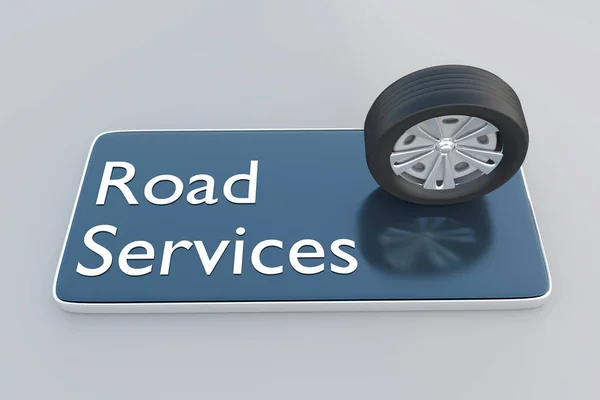 Illustration Car Wheel Placed Screen Cellular Phone Script Road Services — Stok fotoğraf