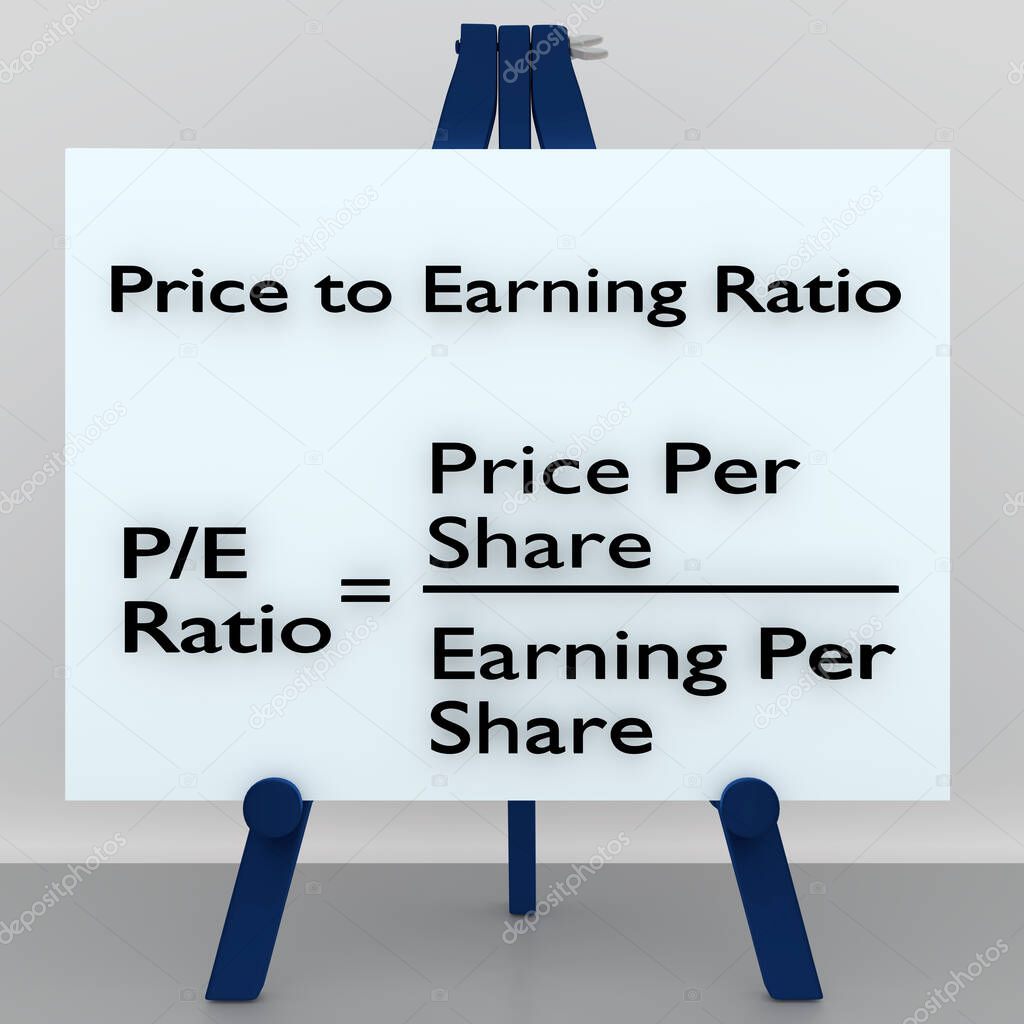 3D illustration of Price to Earnings Ratio above the mathematical formula which expresses the relation between price per share and earning per share, displayed on a tripod