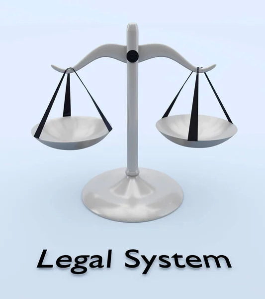 3D illustration of scales and the script Legal System at the bottom, isolated over pale blur background.