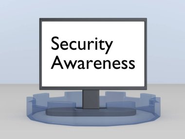 3D illustration of Security Awareness script on a PC screen, surrounded by a symbolic transparent wall.