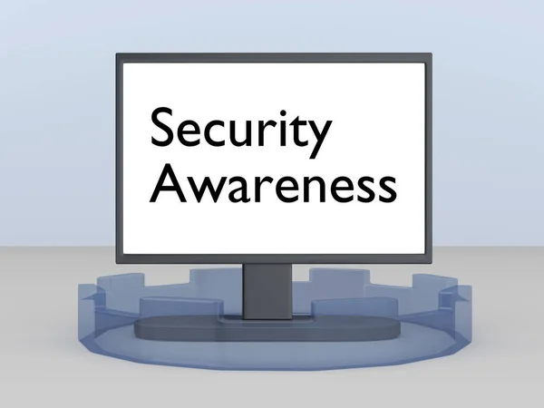 3D illustration of Security Awareness script on a PC screen, surrounded by a symbolic transparent wall.