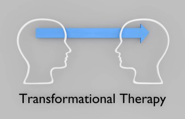 3D illustration of two head silhouettes symbolically connected with an arrow,  titled as Transformational Therapy.