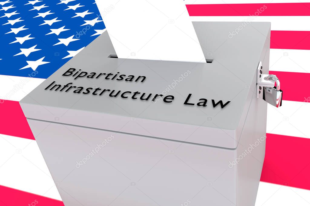3D illustration of Bipartisan Infrastructure Law script on a ballot box, with US flag as a background.