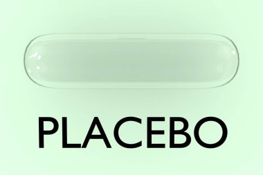 PlaCEBO ile birlikte soluk yeşil arkaplan üzerinde izole edilmiş bir turuncu hapın üç boyutlu çizimi.