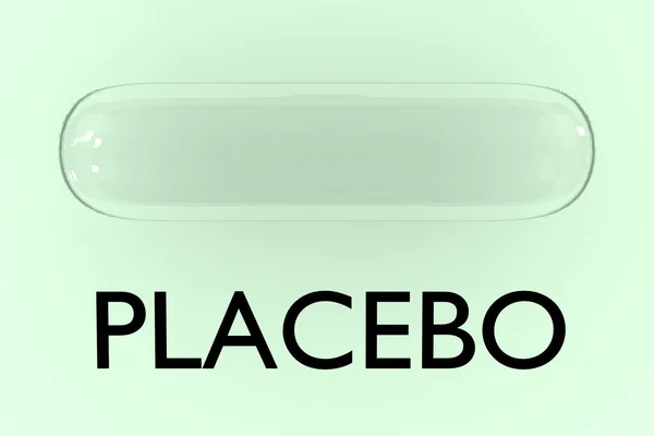 一个橙色药丸与打印Placebo的3D图像 隔离在浅绿色背景之上 — 图库照片