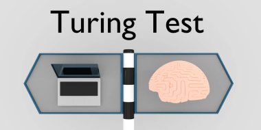 3D illustration of two symbolic road signs, pointing at opposite directions: the right arrow contains a human brain, while the left arrow contains a laptop - demonstrating a Turing Test. clipart