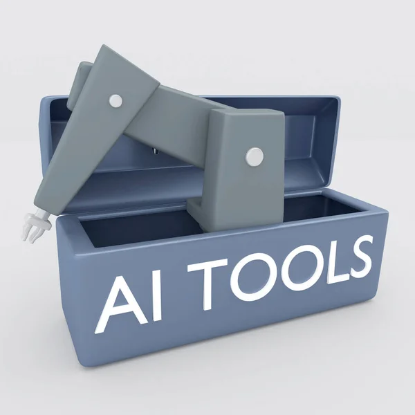 工业机器人在一个名为Ai Tools的象征性工具箱中的3D图像 免版税图库照片
