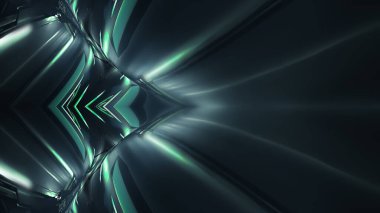 Işınlar ve neon çizgilerle soyut fütüristik uzay koyu arkaplanı. Neon soyutlaması. Simetrik yansıma, perspektif. Neon ışığı. 3B illüstrasyon. 