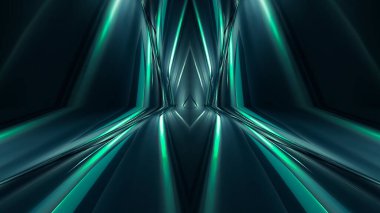 Işınlar ve neon çizgilerle soyut fütüristik uzay koyu arkaplanı. Neon soyutlaması. Simetrik yansıma, perspektif. Neon ışığı. 3B illüstrasyon. 