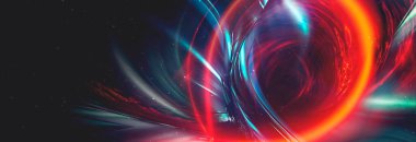 Parlak soyut arkaplan, soyut unsurlarla pankart. Neon fantastik arka plan, uzay arkaplanı. Fütürist neon pankart, parlak renkli çizgiler, ışınlar. 3B illüstrasyon.