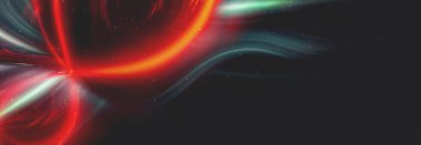 Parlak soyut arkaplan, soyut unsurlarla pankart. Neon fantastik arka plan, uzay arkaplanı. Fütürist neon pankart, parlak renkli çizgiler, ışınlar. 3B illüstrasyon.