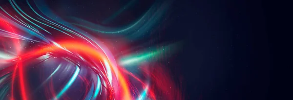 Bright abstract background, banner with abstract elements. Neon fantastic background, space background. Futuristic neon banner, bright multicolored lines, rays. 3D illustration.