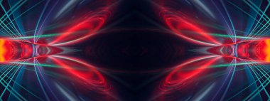 Parlak soyut arkaplan, soyut unsurlarla pankart. Neon fantastik arka plan, uzay arkaplanı. Fütürist neon pankart, parlak renkli çizgiler, ışınlar. 3B illüstrasyon.