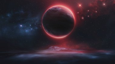 Evrenin soyut fantastik alanı. Nebula ve yıldızlarla dolu bir arka plan. Bilinmeyen bir gezegene sahip karanlık uzay arkaplanı, uzayda parlayan ışık. 3d illüstrasyon