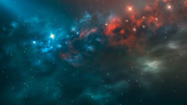 Evrenin soyut fantastik alanı. Nebula ve yıldızlarla dolu bir arka plan. Bilinmeyen bir gezegene sahip karanlık uzay arkaplanı, uzayda parlayan ışık. 3d illüstrasyon