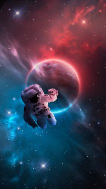 Uçan astronotlarla ilgili fütüristik uzay bilim kurgu geçmişi. Neon soyut uzay arkaplanı, nebula ve yıldızlarla. Bu görüntünün elementleri NASA tarafından döşenmiştir. 3B illüstrasyon.