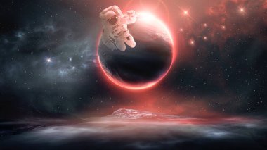 Uçan astronotlarla ilgili fütüristik uzay bilim kurgu geçmişi. Neon soyut uzay arkaplanı, nebula ve yıldızlarla. Bu görüntünün elementleri NASA tarafından döşenmiştir. 3B illüstrasyon.