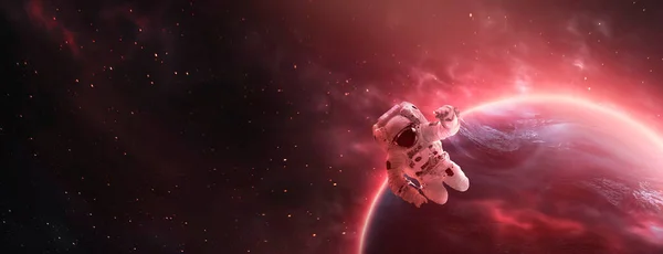 未来的空间科幻抽象背景与飞行的宇航员 星云和恒星构成的霓虹灯抽象空间背景 这张照片的内容由Nasa提供 3D插图 — 图库照片