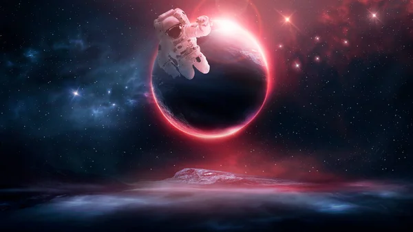 飛行中の宇宙飛行士との未来的な宇宙科学 Fi抽象的な背景 星雲や星とのネオン抽象的な宇宙背景 Nasaによって提供されたこの画像の要素 3Dイラスト — ストック写真