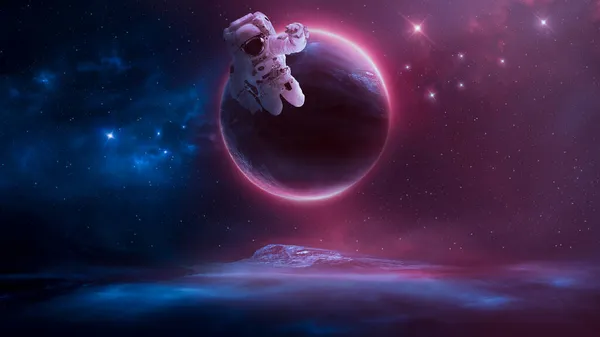 Futuristische Ruimte Sci Abstracte Achtergrond Met Vliegende Astronaut Neon Abstracte — Stockfoto