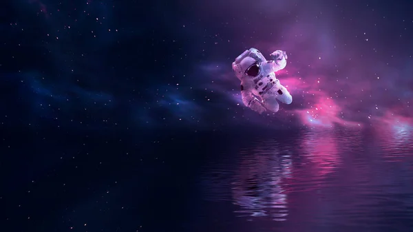 Fond Abstrait Futuriste Science Fiction Spatiale Avec Astronaute Volant Néon — Photo