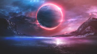 Gelecekçi fantezi manzarası, gezegenli bilim kurgu manzarası, neon ışığı, soğuk gezegen. Galaksi, bilinmeyen gezegen. Suda ışık yansıması olan karanlık doğal bir sahne. Neon uzay galaksisi portalı. 3d 