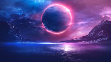 Gelecekçi fantezi manzarası, gezegenli bilim kurgu manzarası, neon ışığı, soğuk gezegen. Galaksi, bilinmeyen gezegen. Suda ışık yansıması olan karanlık doğal bir sahne. Neon uzay galaksisi portalı. 3d 