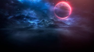 Gelecekçi fantezi manzarası, gezegenli bilim kurgu manzarası, neon ışığı, soğuk gezegen. Galaksi, bilinmeyen gezegen. Suda ışık yansıması olan karanlık doğal bir sahne. Neon uzay galaksisi portalı. 3d 