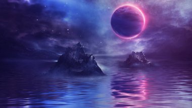 Gelecekçi fantezi manzarası, gezegenli bilim kurgu manzarası, neon ışığı, soğuk gezegen. Galaksi, bilinmeyen gezegen. Suda ışık yansıması olan karanlık doğal bir sahne. Neon uzay galaksisi portalı. 3d 