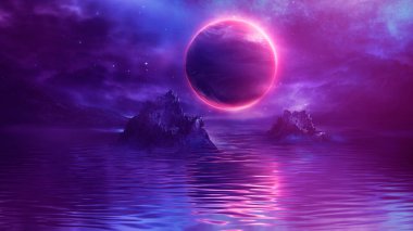 Gelecekçi fantezi manzarası, gezegenli bilim kurgu manzarası, neon ışığı, soğuk gezegen. Galaksi, bilinmeyen gezegen. Suda ışık yansıması olan karanlık doğal bir sahne. Neon uzay galaksisi portalı. 3d 