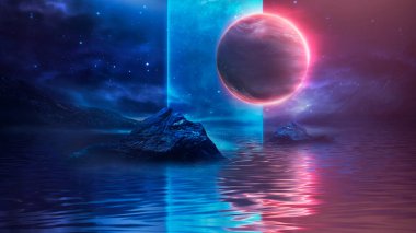 Gelecekçi fantezi manzarası, gezegenli bilim kurgu manzarası, neon ışığı, soğuk gezegen. Galaksi, bilinmeyen gezegen. Suda ışık yansıması olan karanlık doğal bir sahne. Neon uzay galaksisi portalı. 3d 