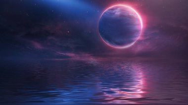 Gelecekçi fantezi manzarası, gezegenli bilim kurgu manzarası, neon ışığı, soğuk gezegen. Galaksi, bilinmeyen gezegen. Suda ışık yansıması olan karanlık doğal bir sahne. Neon uzay galaksisi portalı. 3d 