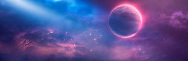 Gelecekçi fantezi manzarası, gezegenli bilim kurgu manzarası, neon ışığı, soğuk gezegen. Galaksi, bilinmeyen gezegen. Suda ışık yansıması olan karanlık doğal bir sahne. Neon uzay galaksisi portalı. 3d 