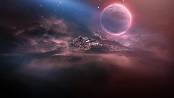 Paysage Imaginaire Futuriste Paysage Science Fiction Avec Planète Lumière Néon — Photo