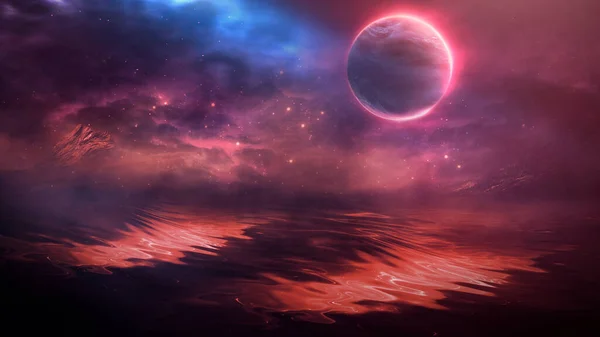 未来派幻想景观 科幻景观与行星 霓虹灯 冷行星 未知的行星黑暗的自然景观 在水中反射光线 Neon Space Galaxy Portal — 图库照片