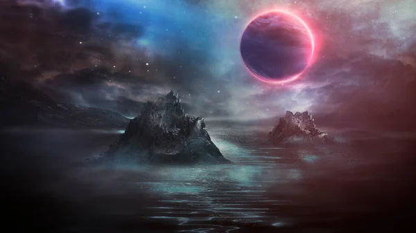 未来的なファンタジーの風景 ネオンライト 冷たい惑星とSfの風景 未知の惑星 水の中に光の反射と暗い自然シーン ネオン宇宙銀河ポータル — ストック写真